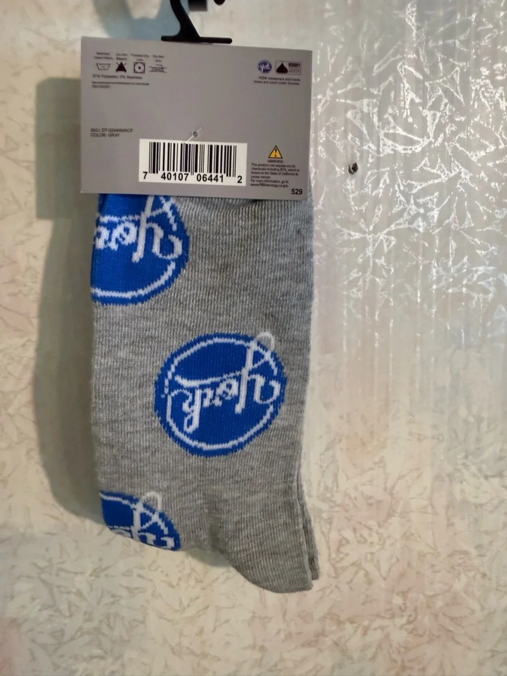 Peppermint Patties Gray Crew Socks with Blue Logo Circles, Get the Sensation!